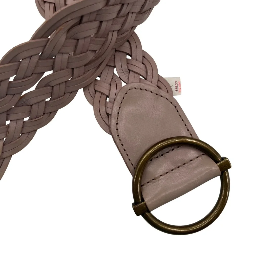 Talbots SMALL Braided Genuine Leather Belt With Brass Ring Buckle In Light Taupe